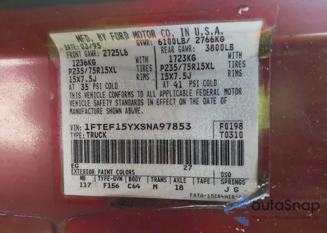 1995 Ford F150 z USA, uszkodzony, nr VIN 1FTEF15YXSNA97853